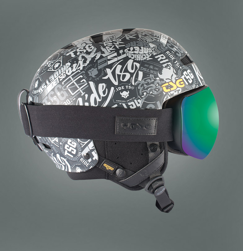 TSG Gravity ski helmet and snowboard helmet paired with Goggle Three. Non-gap fit