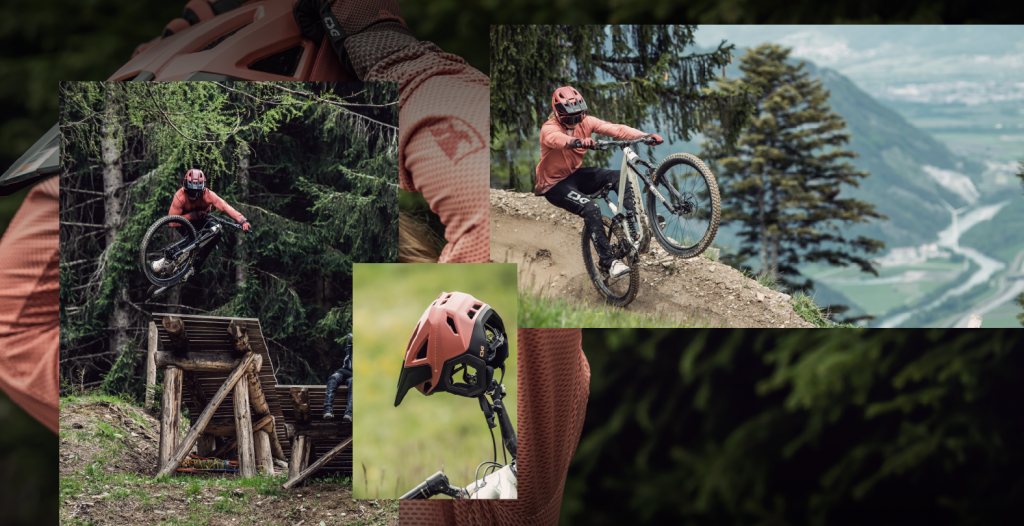 Mountain biker with TSG Prevention helmet on trails